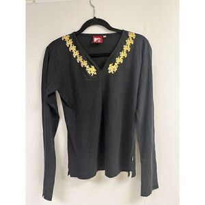 MTV Womens Pullover Casual V neck Long Sleeve T Shirt Black Size Medium
